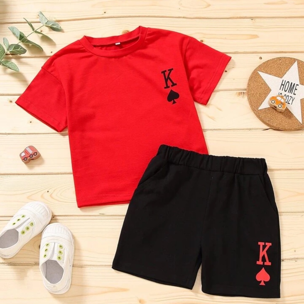 2pcs/Set Toddler Boys Casual Letter Print Short Sleeve T-Shirt & Shorts 5-6Y